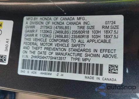 2025 Honda Cr-V Ex-L Awd from USA, damaged, VIN 2HKRS4H77SH413517